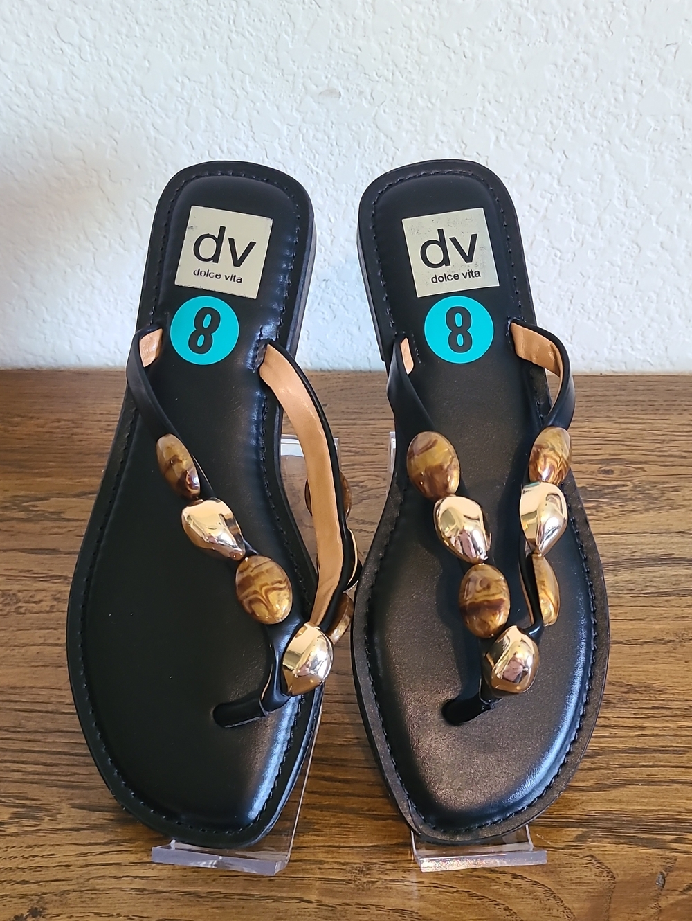DV by Dolce Vita Black Sandal with Gold and Brown Bead Accents